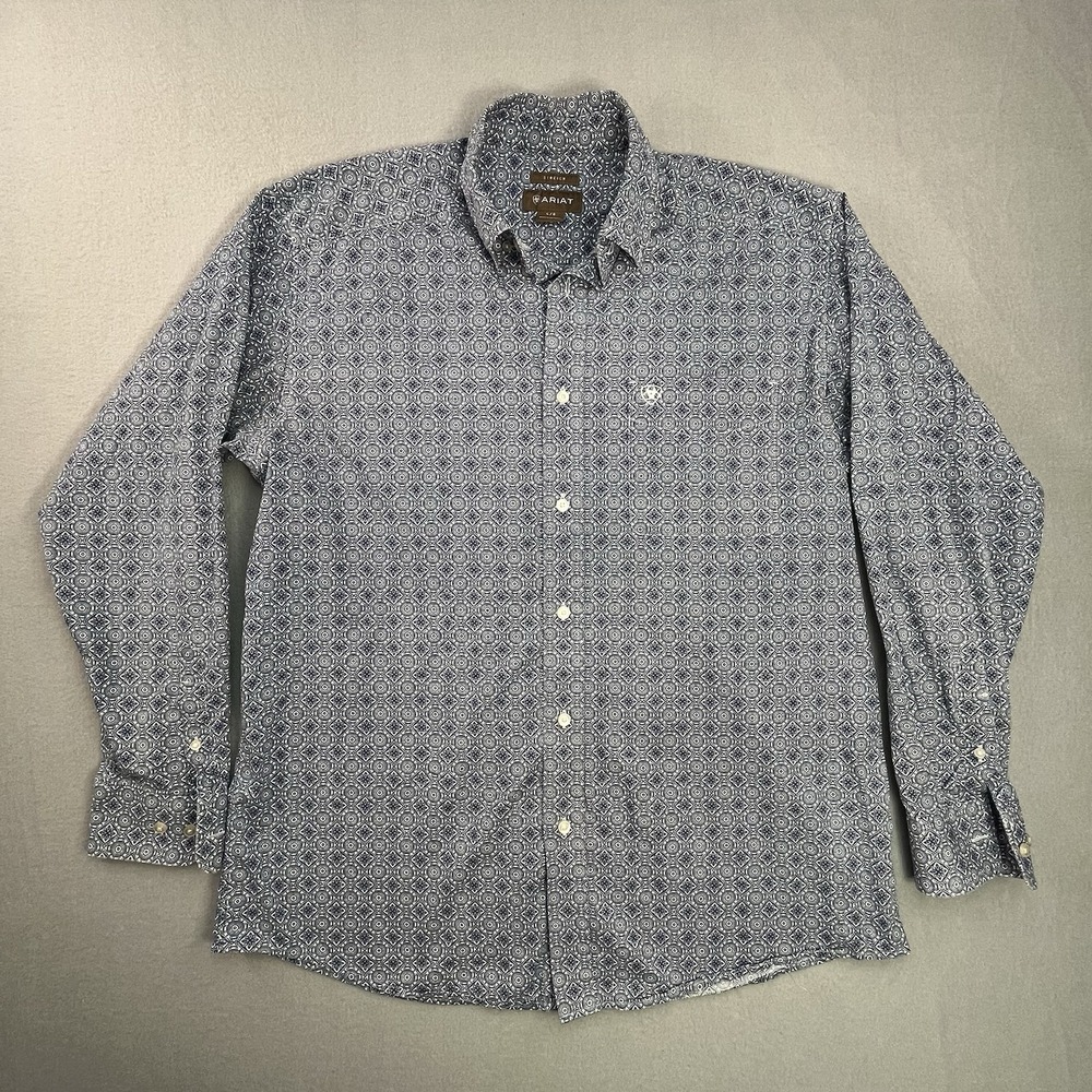 Ariat Western Pearl Snap Shirt Mens Large Blue Regular Fit Geometric Stretch